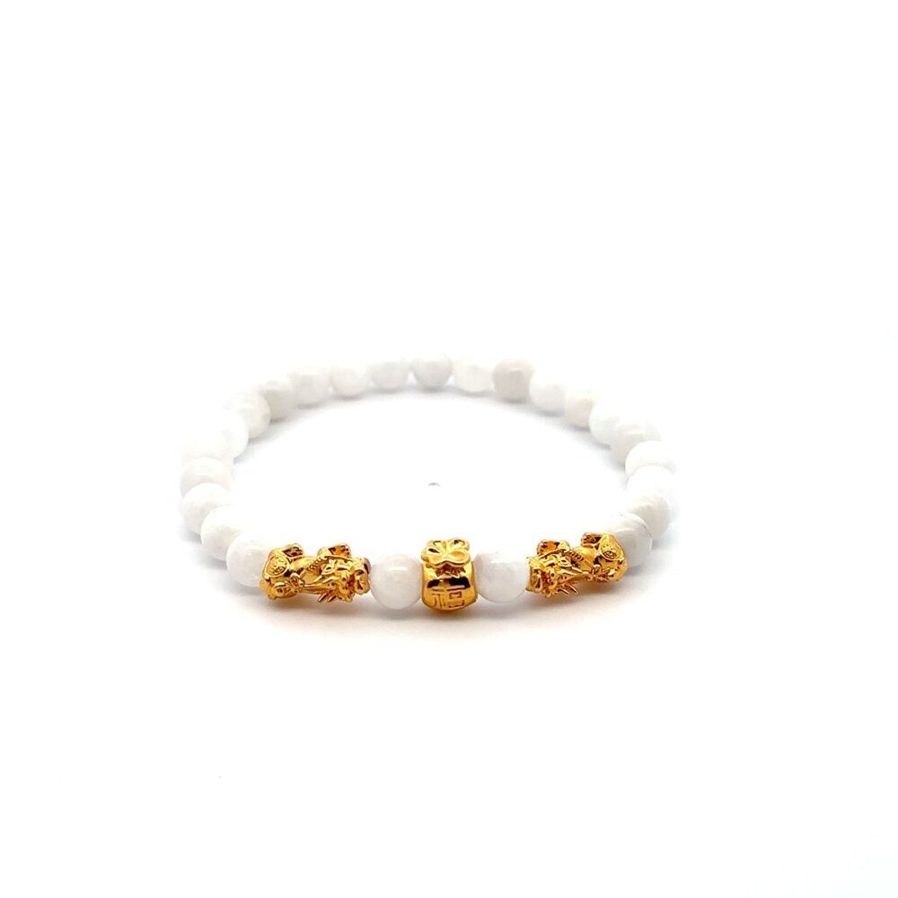 18k Gold Pixiu Double Piyao Money Bag Charm Bracelet Gemstone Moonstone 6mm